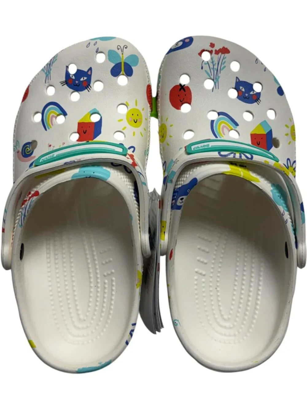 Crocs Youth Classic Doodle Print Clogs White Multi Size J3 Kids Brand New w/Tag